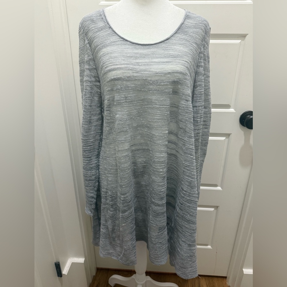 Eileen Fisher. Linen Sheer Variegated Knit Tunic Sweater. Gray/White. Large.